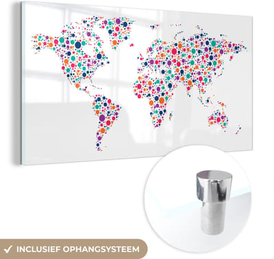 ® Glasschilderij 80x40 cm - Schilderij acrylglas - Wereldkaart - Cirkel - Kleuren - Foto op glas - Muurdecoratie woonkamer - Wanddecoratie slaapkamer - Schilderijen