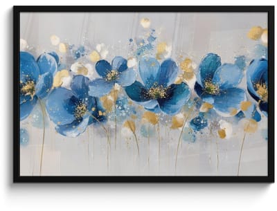 Poster in lijst - Fotolijst 90x60 cm - Posters - Bloemen - Blauw - Abstract - Posterlijst zwart - Decoratie - Wanddecoratie woonkamer - Muurdecoratie slaapkamer