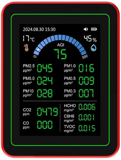 Luchtkwaliteitsmeter - CO2 TVOC Detector - Binnenlucht Meten - 18 Test Mogelijkheden - 90 x 70 x 35 mm - Zwart