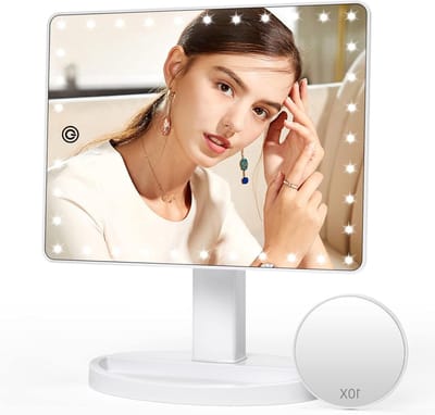 Make-up spiegel Grote Verlichte Ijdelheid XL- Make-upspiegel met LED-Verlichting, Touchscreen, Dimbaar en 10x Vergrotingsspiegel - Dubbele Voeding 360 ° Rotatie Tafelblad Cosmetische Spiegel