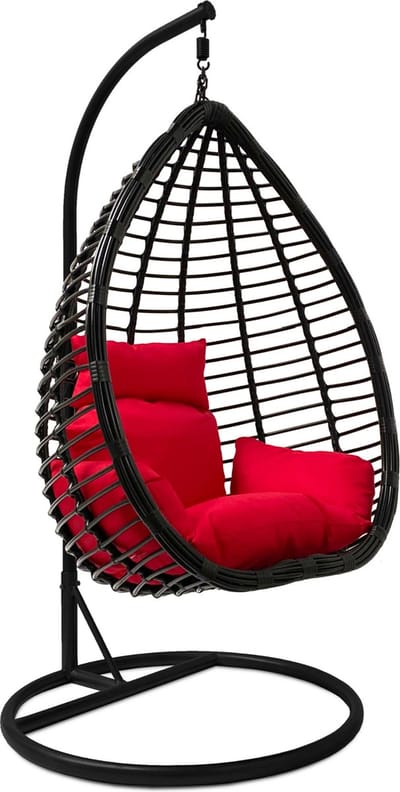 Rijoka Hangstoel Rollo Original Schommelstoel – Zwart Rattan - Rood kussen