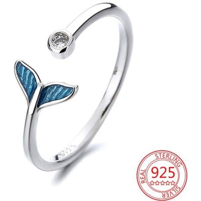 Bague queue de poisson bleue en argent sterling 925, design original, avec diamant, bijou tendance personnalisé white