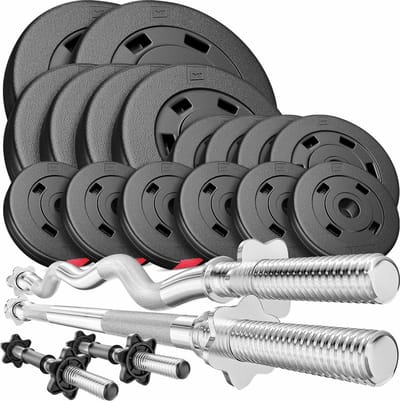 Hop-Sport – Halterset – 75 kg totaalgewicht – Lange halterstang 167 cm en curlstang 120 cm – 2 korte halters 45 cm