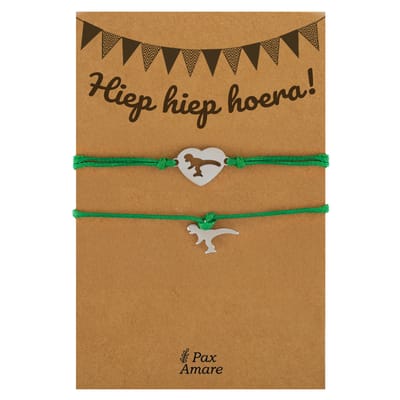 Vriendschapsarmbandjes voor 2 "Hiep Hiep Hoera" - Dinosaurus - BFF Armbandjes met Verjaardags Cadeau Kaartje - Zilverkleurig & Groen - Elastisch Verstelbaar - Pax Amare