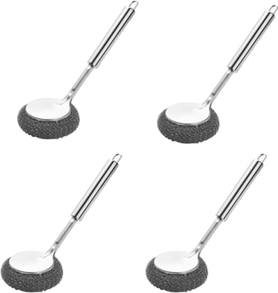 Afwasborstel met lange steel - Roestvrijstalen reinigingsborstel - Ophangbaar - Staalwolborstel - Geschikt voor het reinigen van borden en kookgerei - Set van 4