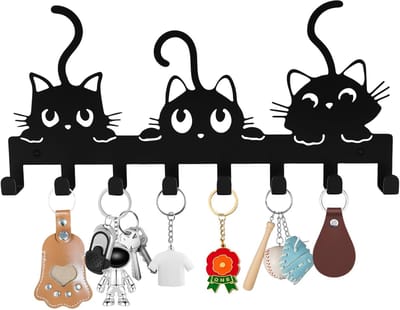 Dailygoods- Sleutelhouder Robuust - Wandmontage - Metalen Sleutelhanger - 8 Haken - Waterdicht - Modern Design met Kattenpatroon