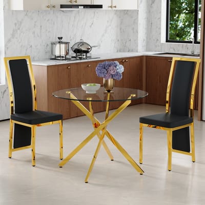 Tafel- en stoelenset. Luxe eettafel van 88 cm van gehard glas met een goudkleurig kruisvormig metalen frame, gecombineerd met 2 minimalistische zwarte PU-eetkamerstoelen met gouden accenten.
