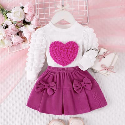 2 STUKS Winter hart Stijl Voor 0-3 Jaar Oude Meisjes, Comfortabele Zoete En Leuke Pofmouwen, Love Chapter Top + Roze Kort Rokje Set 18-24M rozerode kleur