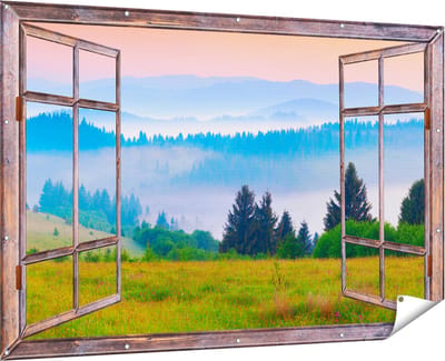 Gards Tuinposter Doorkijk Mistige Heuvel Landschap met Bossen - 180x120 cm - Tuindoek - Tuindecoratie - Wanddecoratie buiten - Tuinschilderij