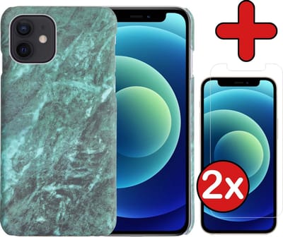 Hoesje Geschikt voor iPhone 12 Mini Hoesje Marmer Hardcover Fashion Case Hoes Met 2x Screenprotector - Hoes Geschikt voor iPhone 12 Mini Marmer Hoesje Hardcase Back Cover - Groen