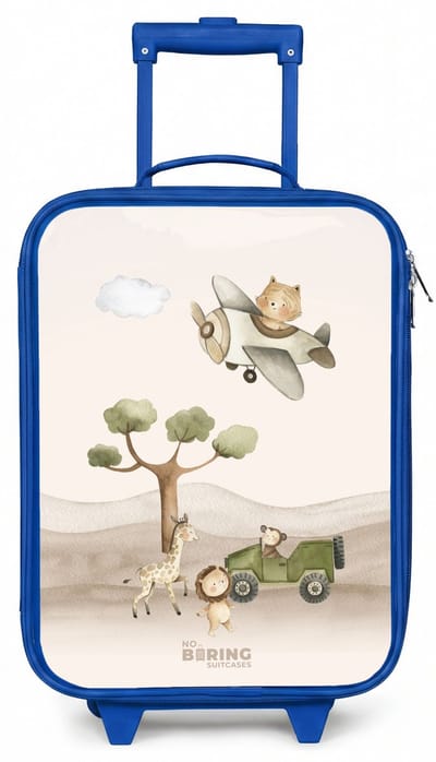 NoBoringSuitcases.com® - Kinderkoffer blauw - Kindertrolley jongen - Dieren op safari - Koffer kind lichtgewicht - Reiskoffer trolley voor kinderen - Koffertje met lichtgevende wieltjes - Rolkoffer
