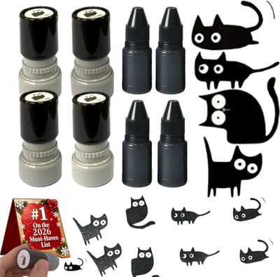 Katten Stempelset - 4 Stuks - Zelfinktende Stempels - Kattenstempels - Mini-Stempelset - Voor Bullet Journal, Knutselen & Scrapbooking - Inclusief 4x Zwarte Navulinkt - Decoratieve Stempels met Zwarte Katten - Knutselen Junior Cadeautip - SOLLBRY®