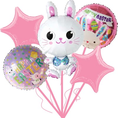 Loha-party®Paasdecoratie Ballon-vrolijk pasen-Feestartikelen-XL konijn folie ballon-Konijntje in blauw vest-Kuikentje Folie Ballon-Schaarp Folie Ballon-Easter-Lente -Happy Easter-Konijn-Roze Folie Ster-Feestpakket-Versiering-Decoratie