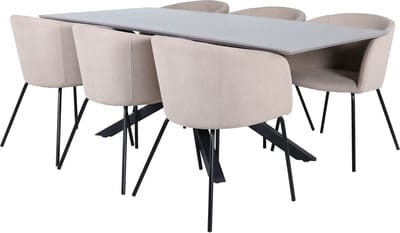 PiazzaGRBL eethoek eetkamertafel grijs en 6 Berit eetkamerstal beige.