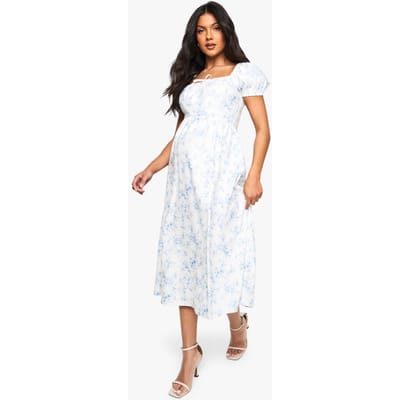 boohoo Dames Zwangerschapsjurk met bengaline, pofmouwen, porseleinen print en melkmeisje midi-jurk | Lichtblauw | Maat: 38