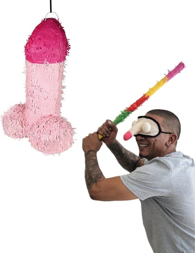 Piemel Pinata feestpakket met stok en piemel oogmasker - papier - 46 x 30 cm - vrijgezellenfeesten