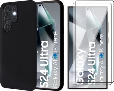 Hoesje geschikt voor Samsung Galaxy S24 Ultra - 2x Screenprotector Volledig Dekkend Glas - Mat Back Case Zwart