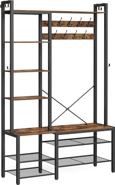 MAZAZU - Kapstok - Met schoenenbank - Vintage bruin en Inktzwart - 120x40x190