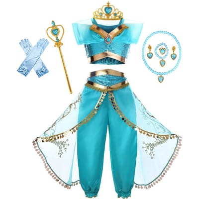 Kinderen Arabische Prinses Jurk Meisjes Halloween Jasmine Kostuum Kinderen Carnavals Cosplay Feest Verkleed Meisje Pailletten Miss Verkiezing Outfit 100(2T) blue