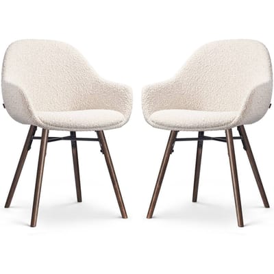 Nolon Nena-Mae Eetkamerstoelen Set van 2 Bouclé Beige - met Armleuningen - Stof - Houten Poten - Walnoot - Design - Scandinavisch - Comfortabel