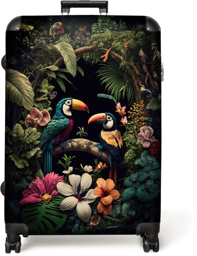 NoBoringSuitcases.com® - Koffer groot - Reiskoffer lichtgewicht - Vogel - Bloemen - Planten - Jungle - Zwart - Toekan - Rolkoffer met 4 wielen - Grote trolley XL - 98 liter bagage