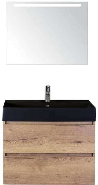 Maxx XL Badmeubelset 80 cm - Natuur Eiken - Wastafel Kube Zwart 1 Kraangat met LED Spiegel
