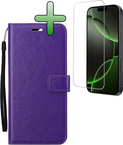 Hoesje Met Screenprotector - Geschikt voor Apple iPhone 16 Pro - Luxe Pasjeshouder - Bookcase Portemonee - Flip Case - Kunstleer Book Case - Flipcase - Book Cover - Walletcase - Portemonneehoes - Paars