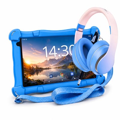 AngelTech Kinderpakket Slim – AngelTech Kindertablet Slim + AngelTech Kinderkoptelefoon – Combipakket – Kindertablet Vanaf 3 Jaar – Kinder Tablet – Kids Tablet – Tablet voor Kinderen – Blauw