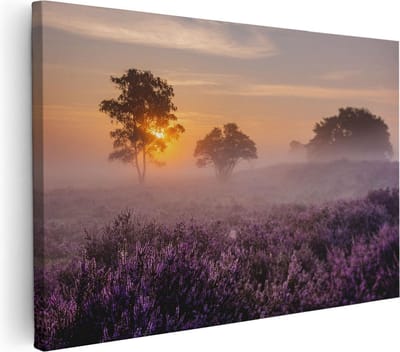 Artaza Canvas Schilderij Zonsondergang - 30x20 cm - Klein - Wanddecoratie Heide - Muurdecoratie Landschap - Kamer Accessoires Bomen Mist