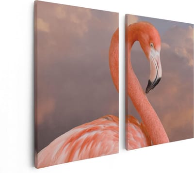 Artaza Canvas Schilderij Tweeluik Roze Flamingo in de Wolken - 80x60 - Foto Op Canvas - Canvas Print