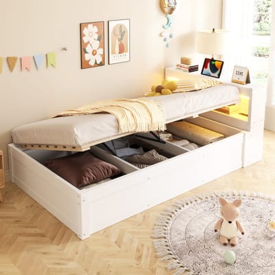 MIVRAY Slaapbank 90x200 cm - Zonder Matras met Ledverlichting en Stopcontact - Met Opbergruimte - MDF - Wit