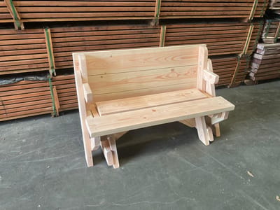 Inklapbare Picknicktafel - Model S - DICHT TAFELBLAD 4 cm GEEN SCHOEFGATEN in tafelblad - 2 tot 4 personen - Douglas hout - Bank en Tafel 2 in 1 - Compleet gemonteerd geleverd