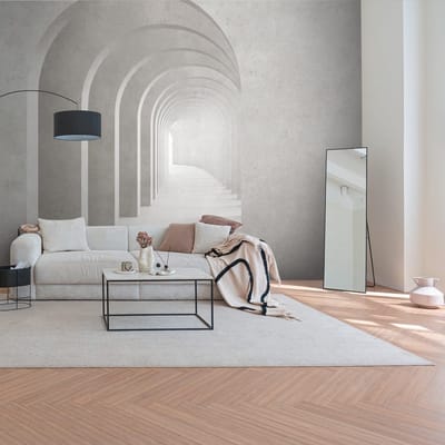 Fotobehang Profhome 399161-GU vliesbehang hardvinyl warmdruk in reliëf glad met architectonische motieven mat grijs wit 3,71 m x 2,8 m
