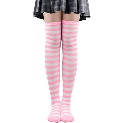 Bas Hauts à Pois Rayés pour Femmes Filles Noir Blanc Rose Longs Au-dessus du Genou Chaussettes Cosplay Lolita Harajuku Y2K One Size pink