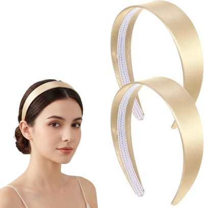 Elegante set van 2 zijdesatijnen haarbanden in champagnegoud, antislip, prinsessenaccessoires voor dames en meisjes, 3,8 cm breed en comfortabel te dragen