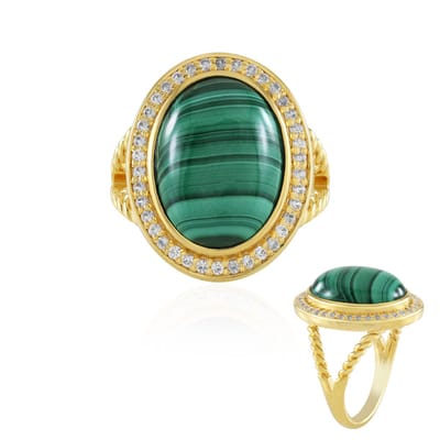 Cavill - Elegante Ovale Malachiet Ring - 925 Sterling Zilver 18K Goud Verguld - 10,58 ct Malachiet DR Congo - 38 Pavé Zirkonia - Dames Sieraden