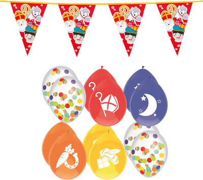 Sinterklaas versiering - 2x Sint/piet vlaggenlijnen van 6 meter en 18x ballonnen