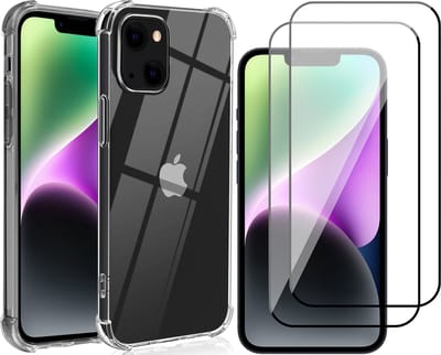 Hoesje geschikt voor iPhone 14 - Anti Shock Proof Siliconen Back Cover Case Hoes Transparant - 2x Full Tempered Glass Screenprotector