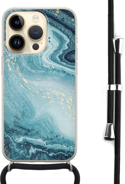 Hoesje met koord - Geschikt voor iPhone 14 Pro - Marmer blauw - Verstelbaar zwart koord - Transparant, Blauw - Marmer - Leuke Telefoonhoesjes