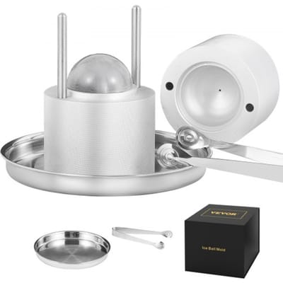 VEVOR ijsblokjesmachine ijsblokjesvormenset 60 mm, ijsblokjesvorm ijsbalvorm met ijstang en lekbak, duurzame aluminium ijsblokjesvormen ijsblokjescontainer whisky americano, sap & melk zilver