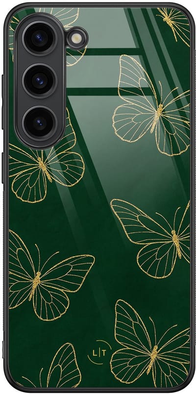 Hoesje geschikt voor Samsung Galaxy S23 - Emerald butterflies - Luxe Glazen Hardcase - Print / Illustratie - Groen, Goud