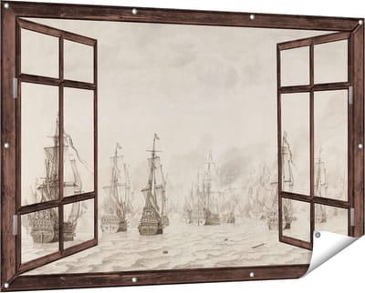 Gards Tuinposter Doorkijk De Zeeslag tegen de Spanjaarden bij Duinkerken - Willem van de Velde - 150x100 cm - Tuindoek - Tuindecoratie - Wanddecoratie buiten - Tuinschilderij