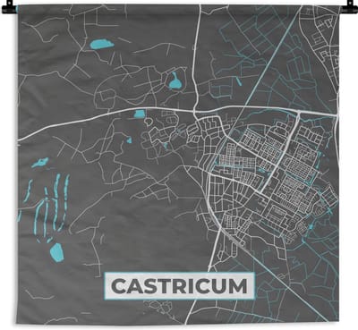 Wandkleed - Plattegrond - Castricum - Grijs - Blauw - 120x120 cm - Wandtapijt