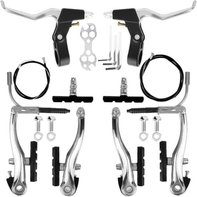 V-Brake Remset voor Fietsen, Aluminium Remmen met Remkabel, Remhendel en Remblokken voor Mountainbike, Stadsfiets en Vouwfiets (Zilver)