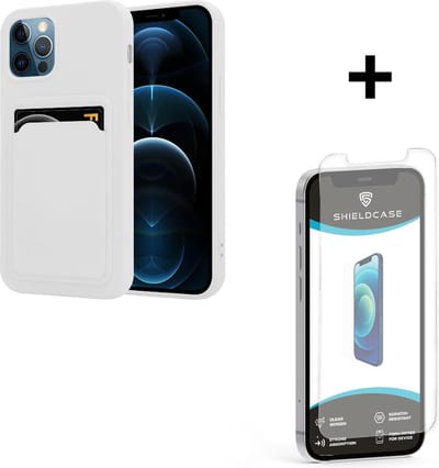 ShieldCase telefoonhoesje geschikt voor Apple iPhone 12 / 12 Pro siliconen hoesje met pasjeshouder - wit + glazen Screen Protector