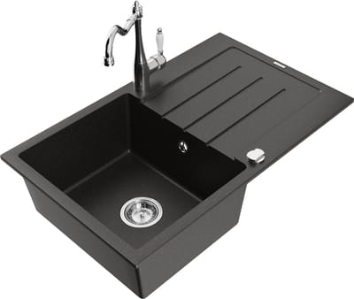 Mexen Bruno granieten gootsteen 1-komps met afdruiprek en keukenkraan Carla, zwart/goud metallic - 6513-75-670700-00