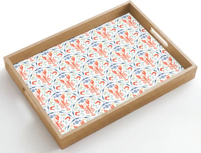 Dienblad hout 50x35 cm - Schootdienblad - Kreeft - Patroon - Blauw - Borrelplank rechthoek - Plateau dienbladen
