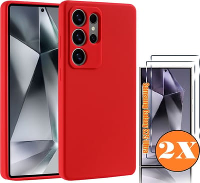 Hoesje geschikt voor Samsung Galaxy S25 Ultra Hoesje siliconen Rood zacht TPU backcover - Met gehard glas screenprotector Galaxy S25 Ultra - 2 stuks