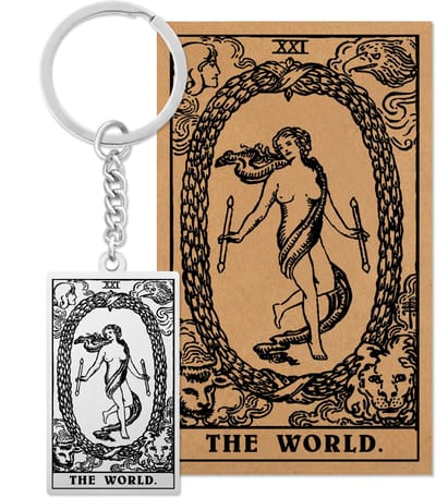 Tarot Sleutelanger XXI: De Wereld / The World - Op Cadeau Kaartje - Zilverkleurig Stainless Steel - Grote Arcana uit Rider-Waite Geïnspireerd - Pax Amare