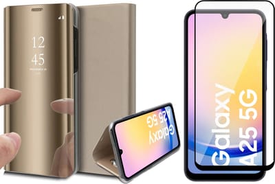 Hoesje geschikt voor Samsung Galaxy A25 / A24 - Screenprotector Volledig Dekkend Glas - Spiegel Book Case Goud